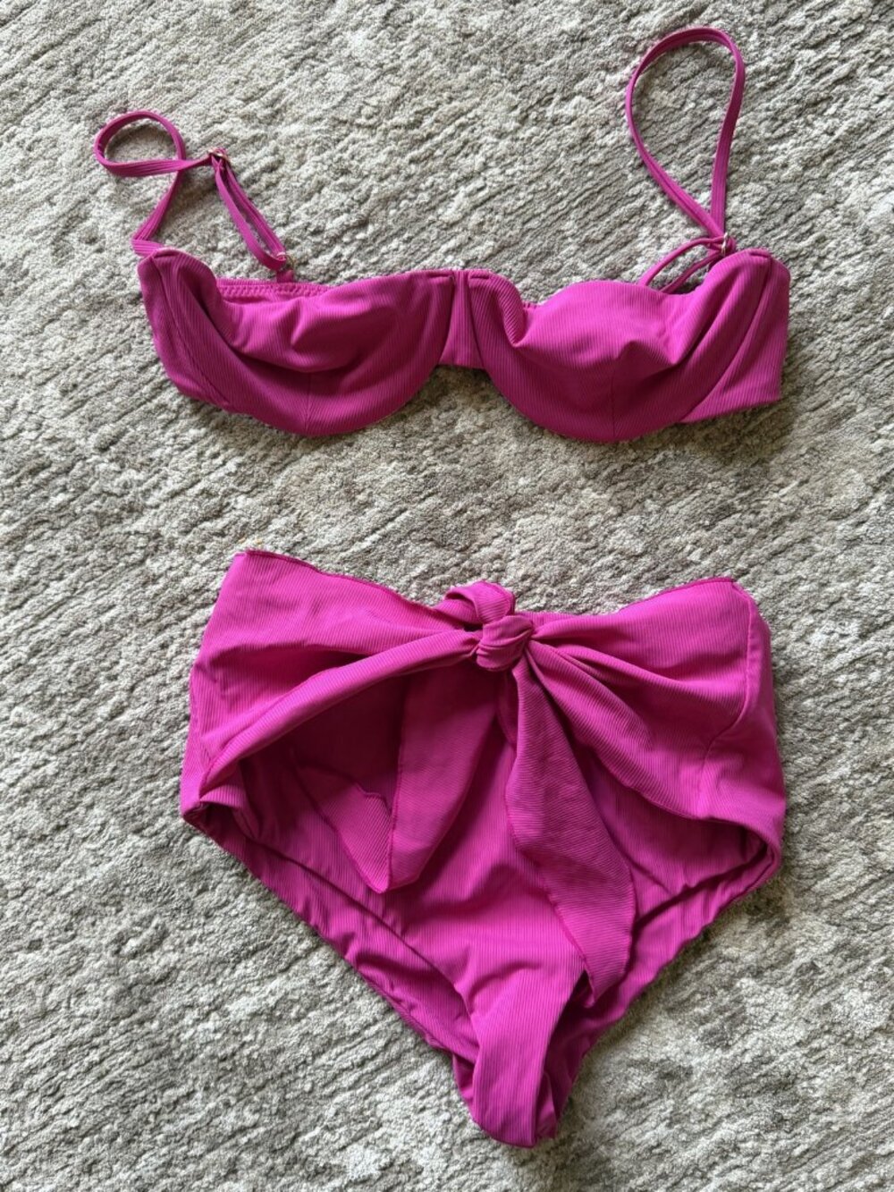 Juillet Bikini Set - Magenta Ribbed Bralette Top + High-Waisted Tie Bottom - M